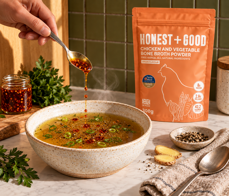 Chilli oil drizzle in Chicken + Veg Bone Broth