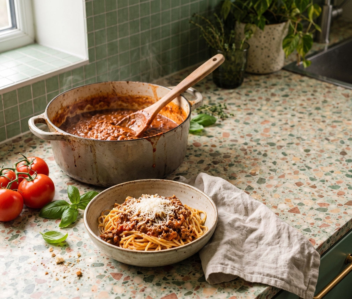 A pot of beef bolognese with a bowl of spaghetti, grated cheese, tomatoes and basil