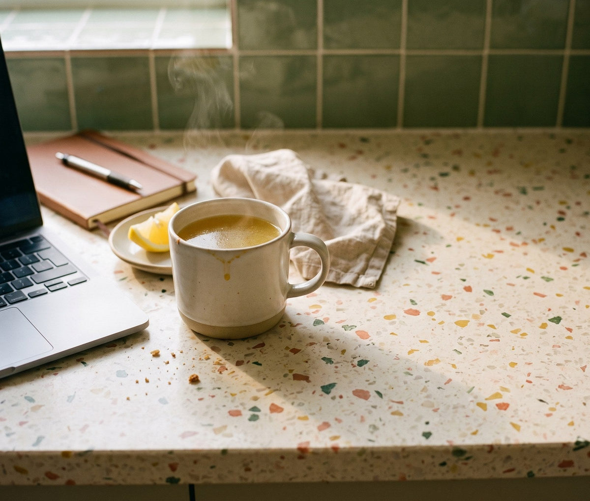 A mug of golden chicken broth beside a laptop, notebook and lemon wedge