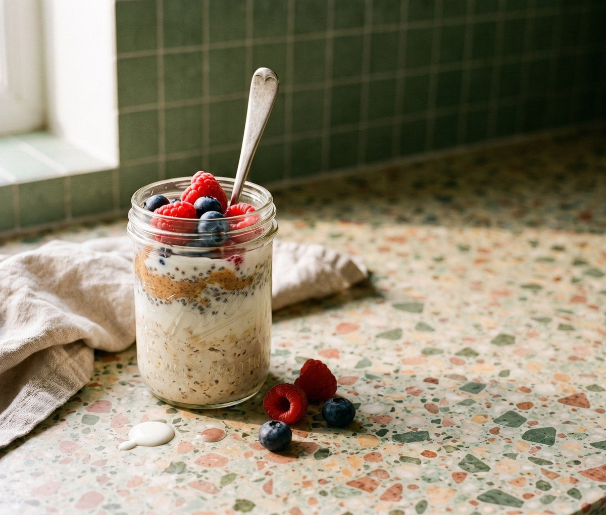 Overnight oats in a jar topped with raspberries, blueberries and nut butter