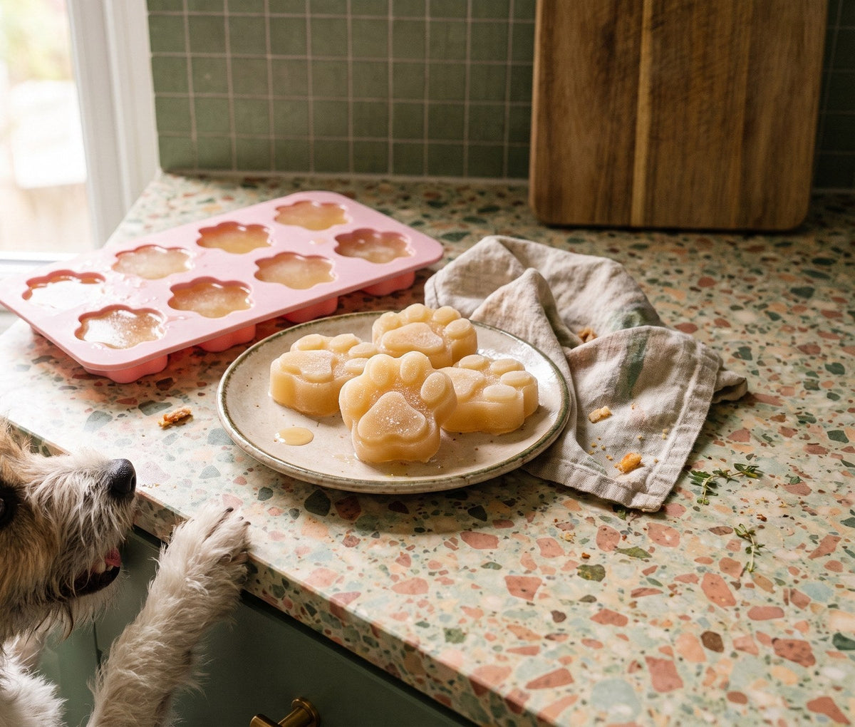 Frozen paw-shaped broth treats for dogs in a pink mould, with a scruffy dog peeking up