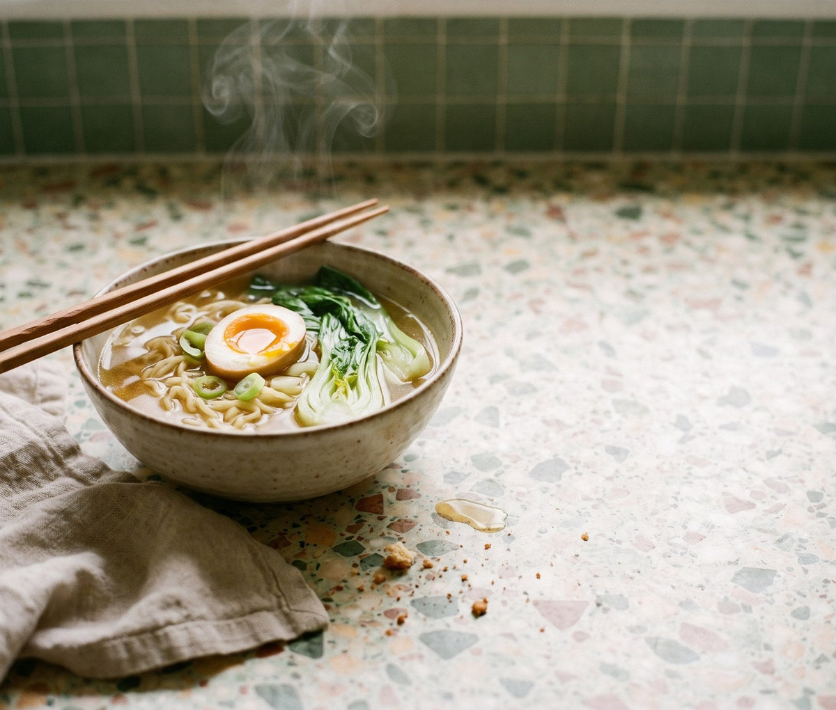 A bowl of ramen with a jammy egg, pak choi, spring onion and chopsticks