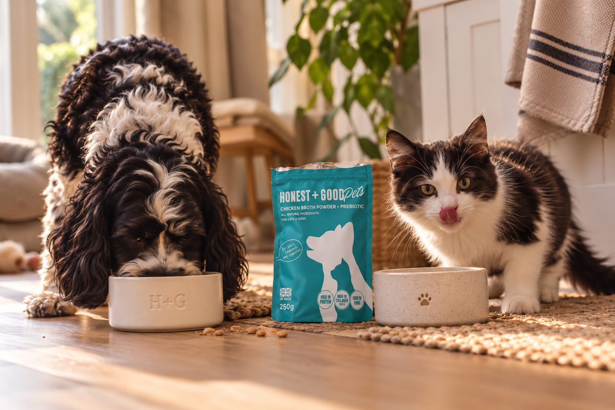 A dog and a cat eating from their bowls next to an Honest + Good Pets Chicken Broth + Prebiotic pouch