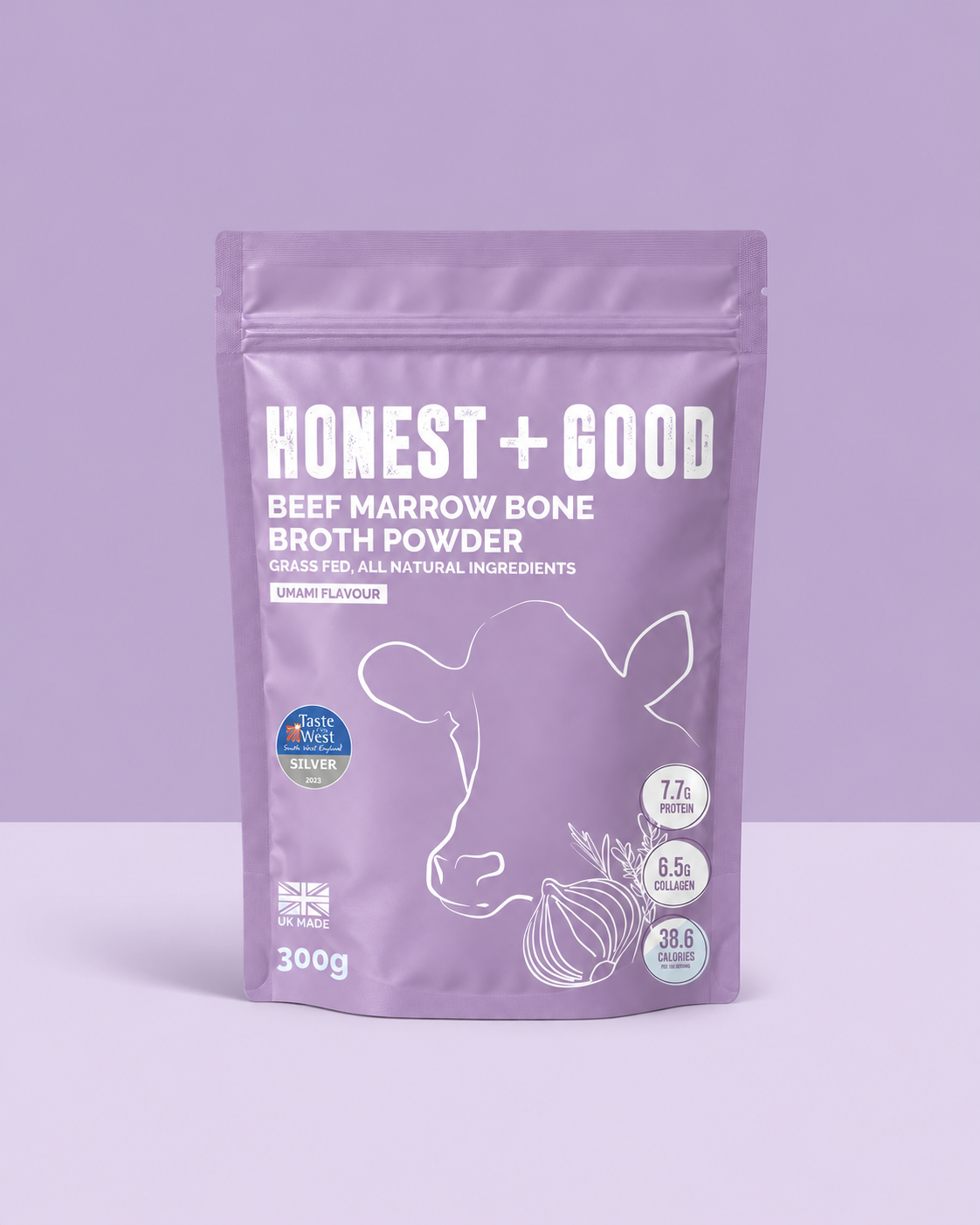 Honest + Good Beef Marrow Bone Broth Powder pouch with Taste of the West Silver award, 300g