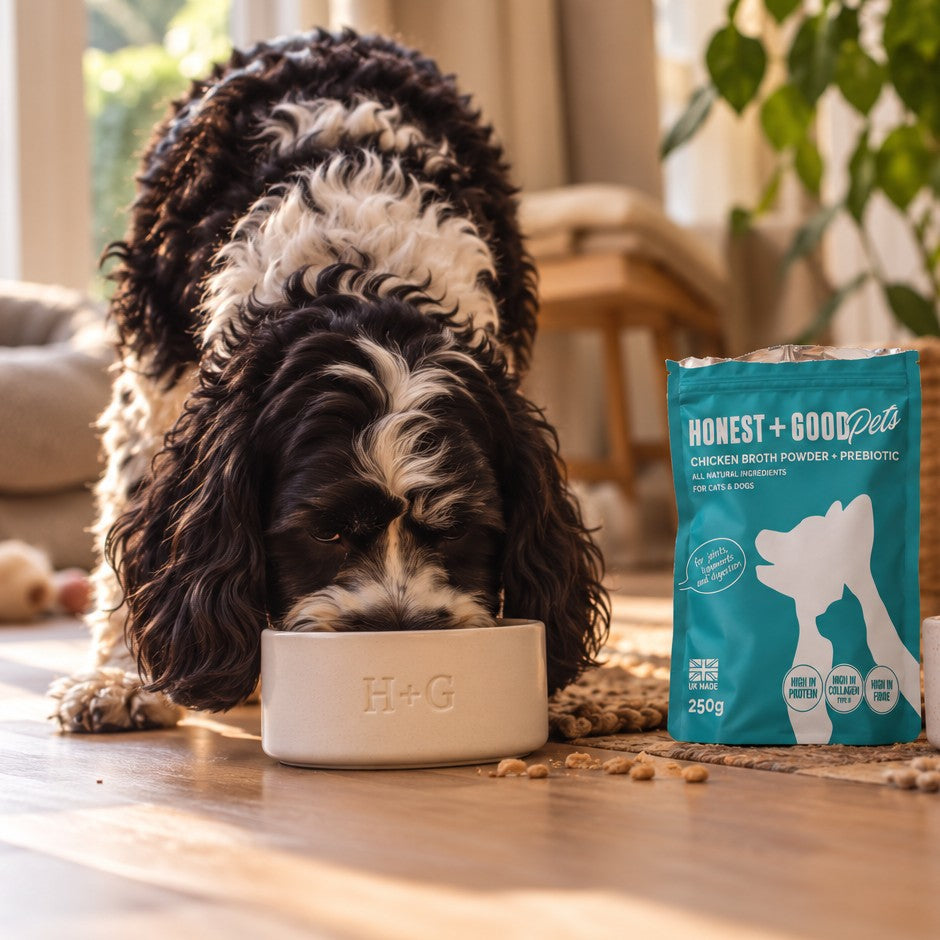 A spaniel eating from a bowl next to an Honest + Good Pets Chicken pouch